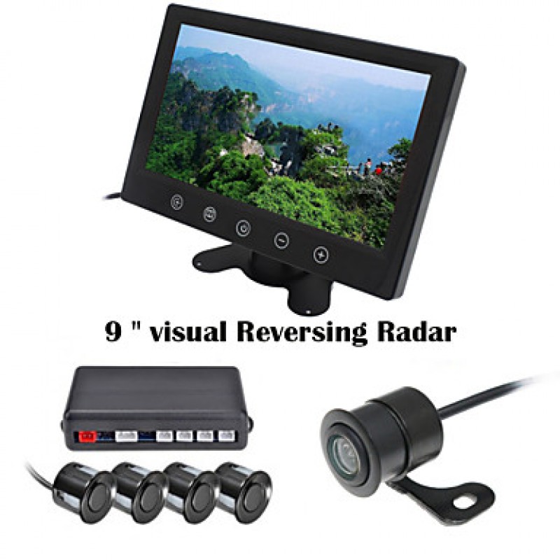 9 Inch 4 probe Parking Sensors LCD Display Camera Video Car Reverse Backup Radar System Kit Buzzer Alarm 12V